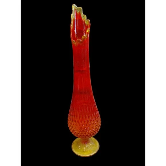 Vintage Red Orange Glass Hobnail Vase Fluted Top Trumpet Art Glass - Picture 2 of 8